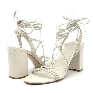 Schutz Maxima Block Heel Lace Up Sandals Pearl White Leather Sz 8 Braided Straps